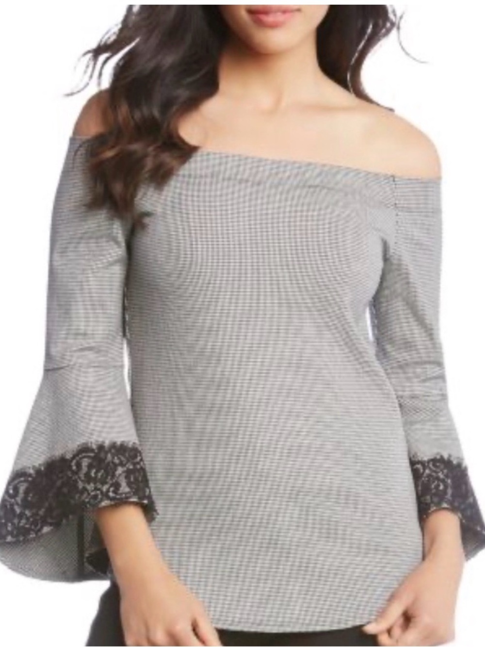 Karen Kane Black and White Off-Shoulder Houndstooth Top with Lace Trim